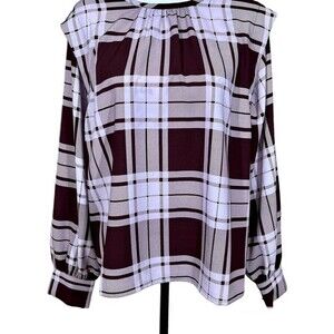 Ann Taylor Factory Burgundy blouse plaid front pleated long sleeve top size L